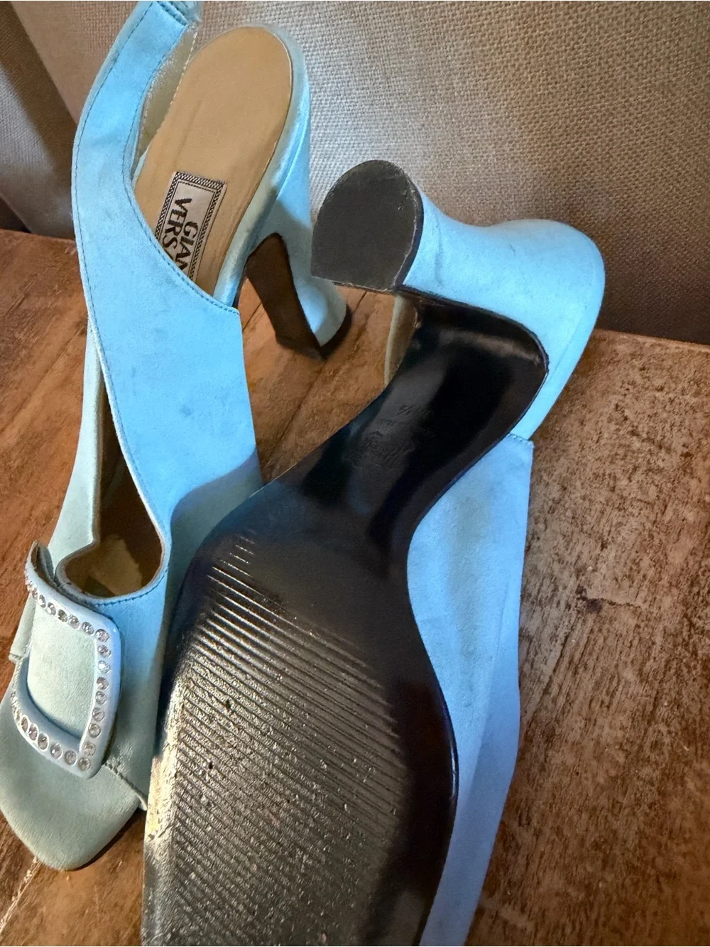 Versace Pale Blue Slingback Heels with Rhinestone Buckle